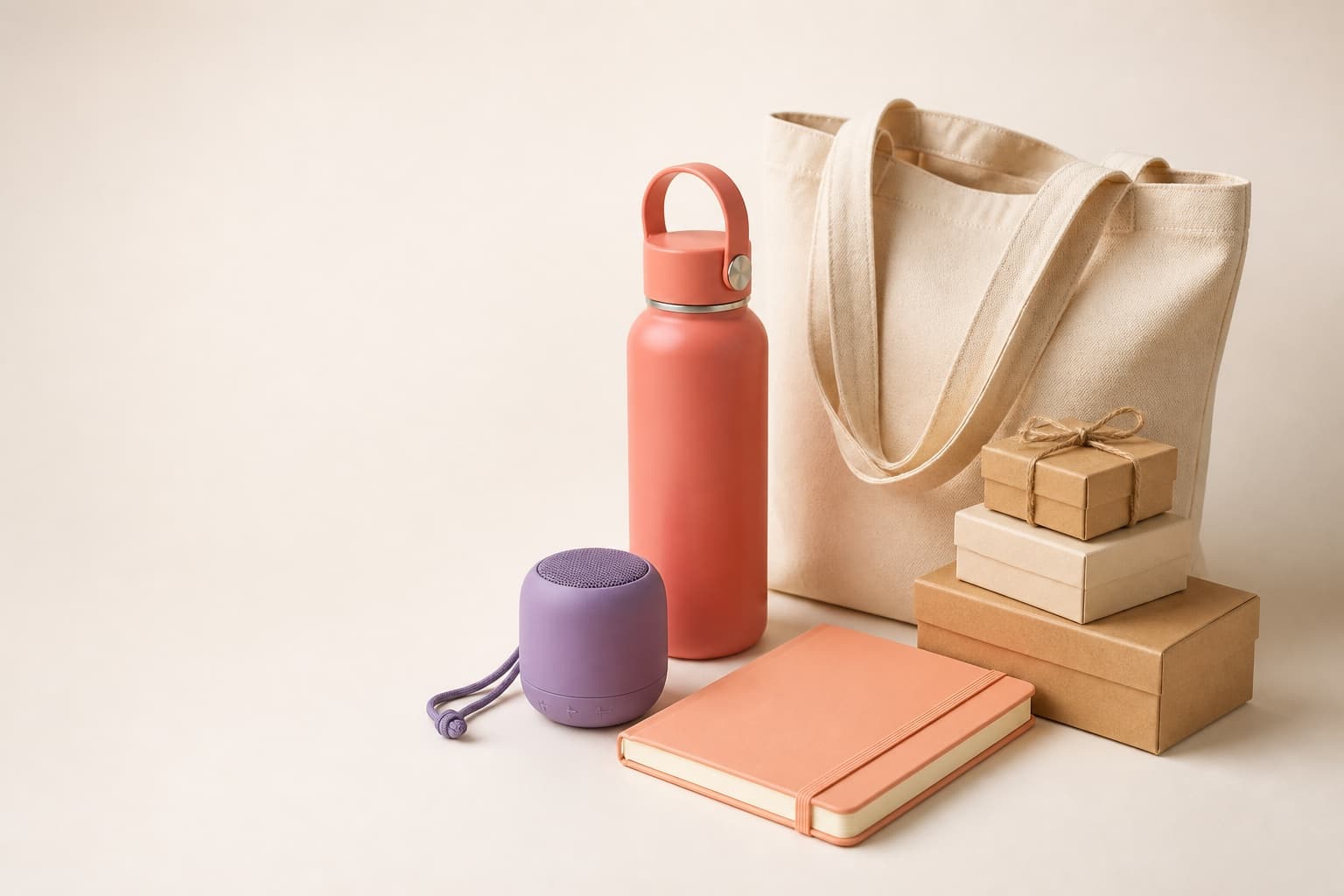 A reusable bottle, canvas tote, speaker, notebook, and gift boxes